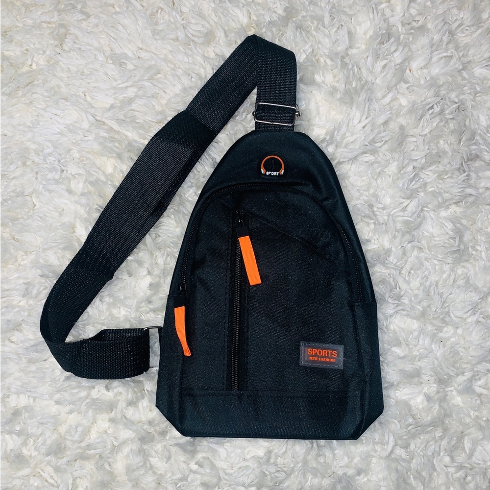 New black sports sling bag. Crossbody Chest Bag w/ Zipper. Single Shoulder
